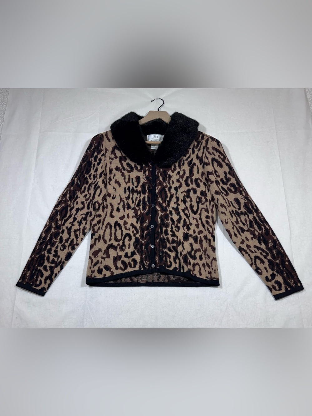 Vintage Lisa International Leopard Knit Sweater Cardigan Fur Collar Size S 90s